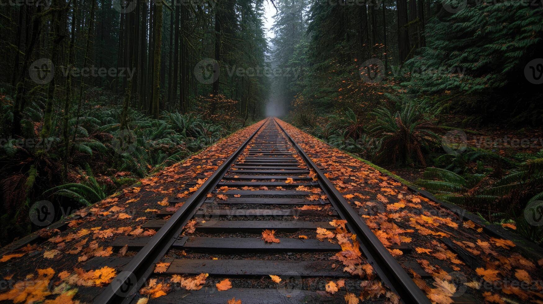 A train track surrounded by trees in the fall photo