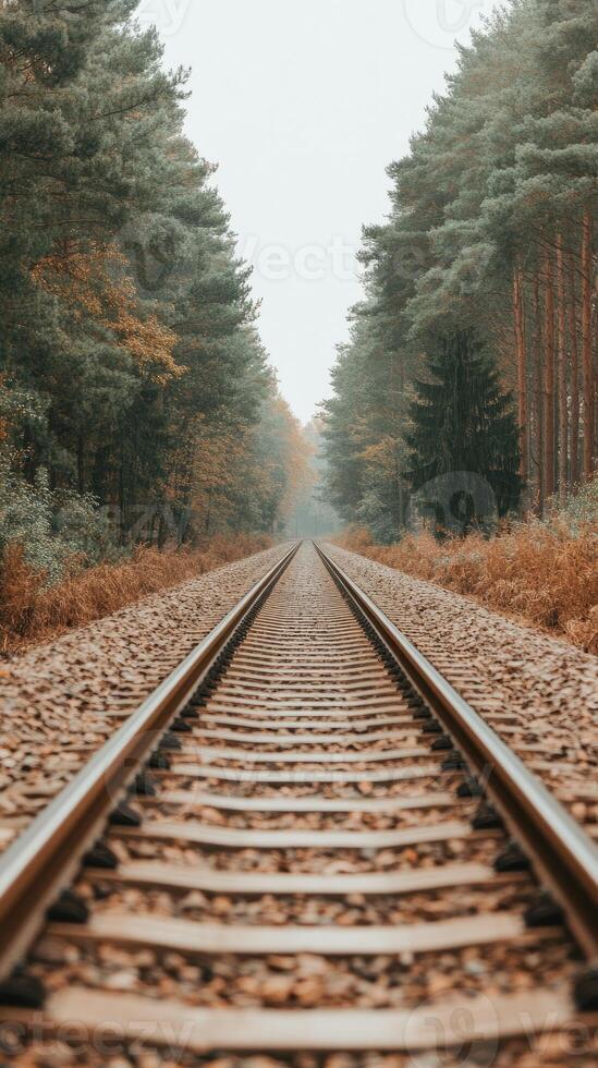 A train track in the woods with trees on either side photo