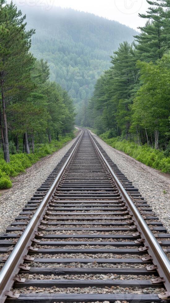 A railroad track in the middle of a forest photo