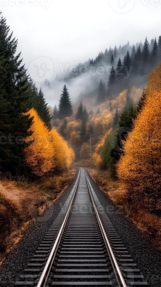 A train track in the middle of a forest with fog photo