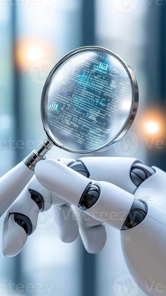 A robot hand holding a magnifying glass over a computer screen photo