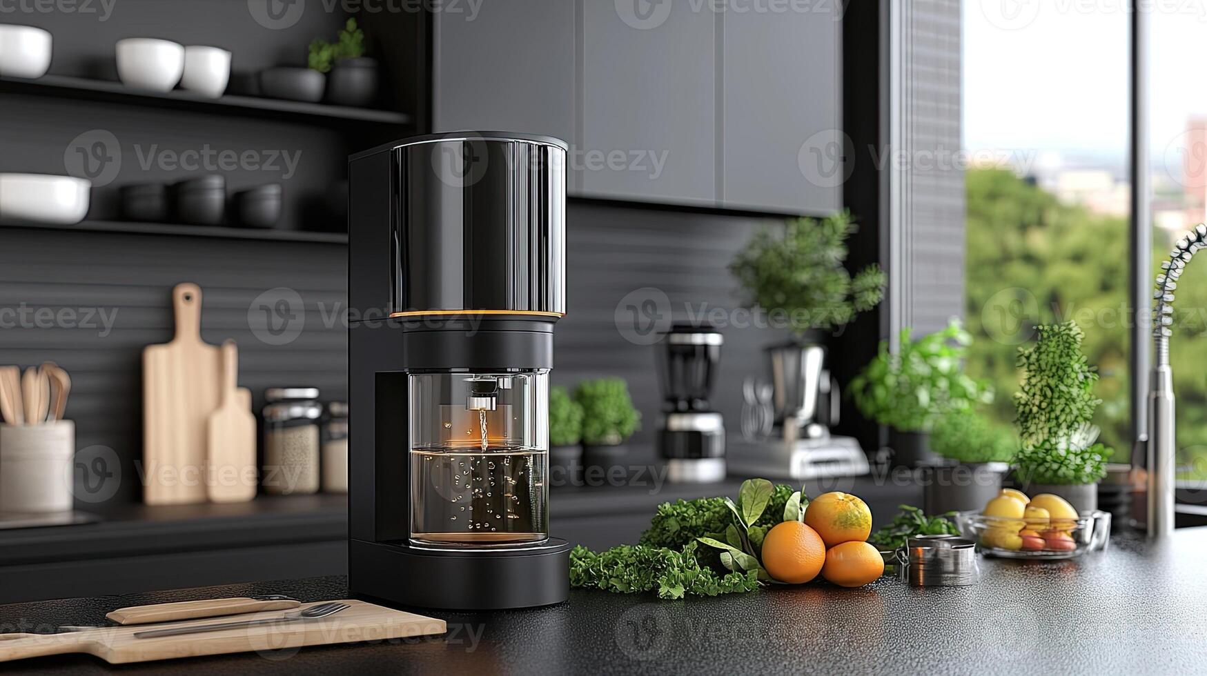 A kitchen with a blender and a variety of fruits photo