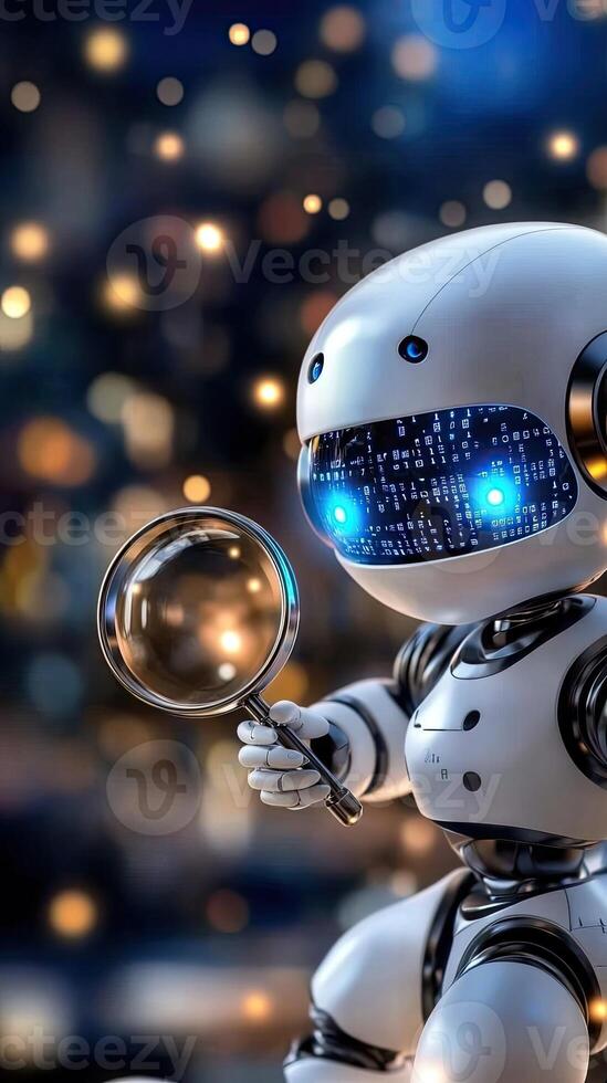 A robot holding a magnifying glass in front of a city photo