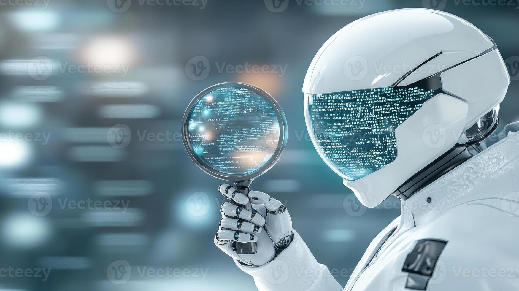 A robot in a white suit is holding a magnifying glass photo
