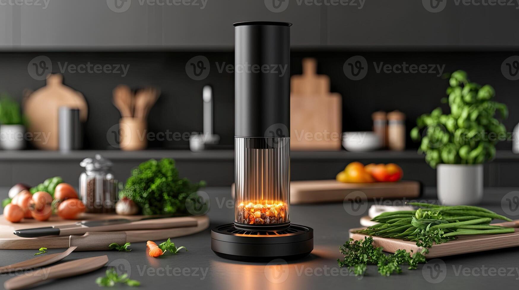 A kitchen with a gas burner on top of a counter photo