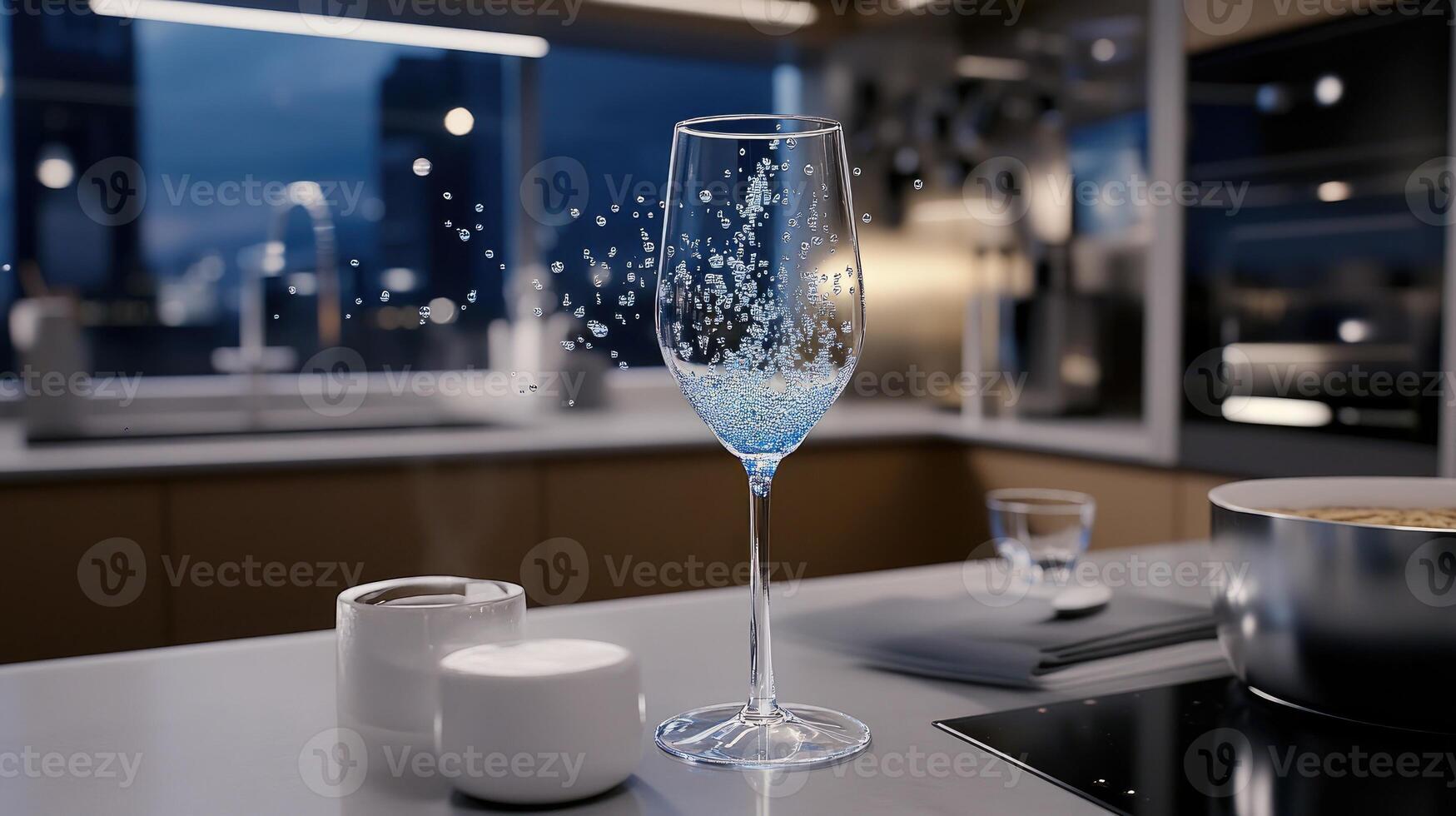 A glass of champagne on a counter in a kitchen photo
