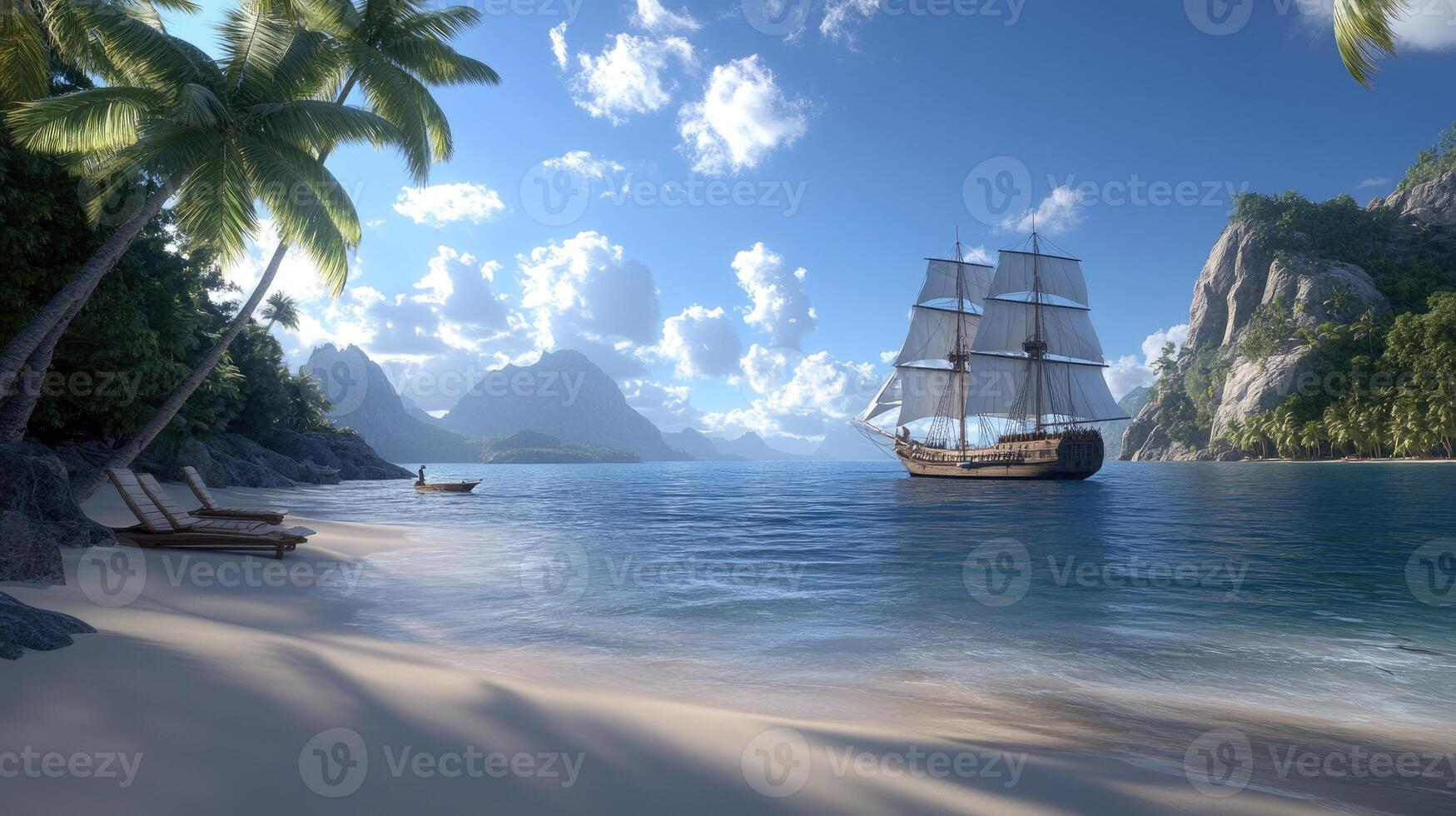 A ship is sailing on the ocean near palm trees photo