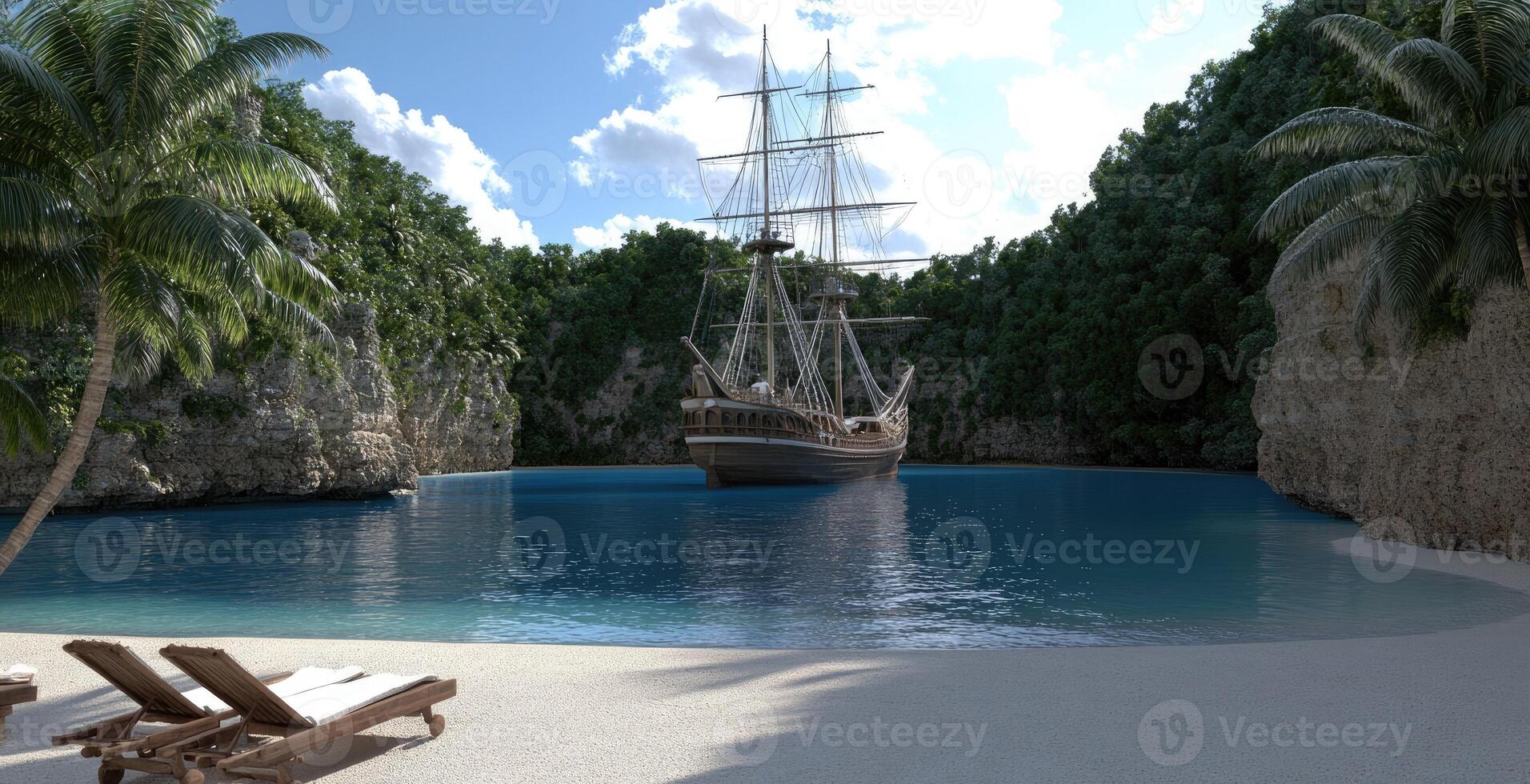 A boat is docked in the water near palm trees photo