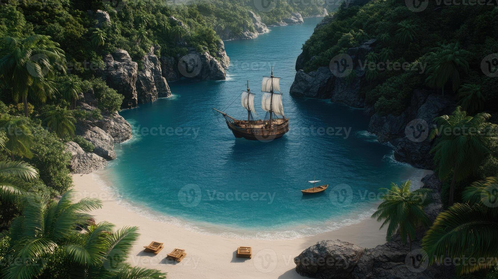A pirate ship is sailing through the ocean near a beach photo