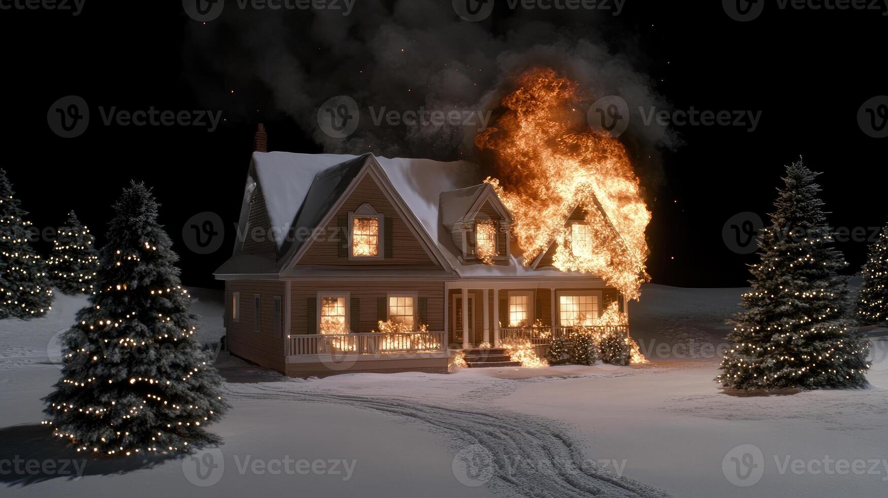 A house on fire with a christmas tree in the background photo