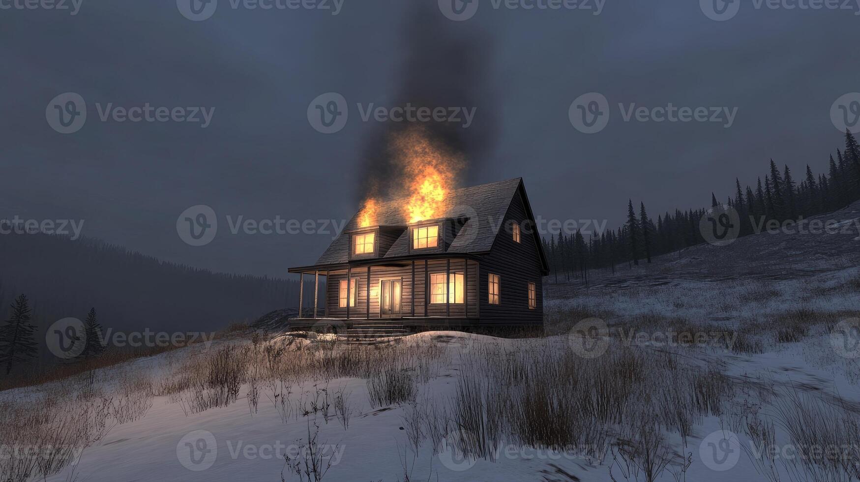 A house on fire in the snow photo