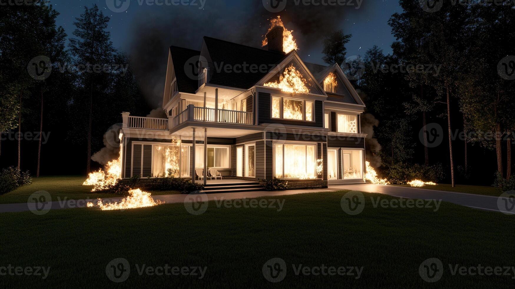 A house on fire with flames coming out of the windows photo