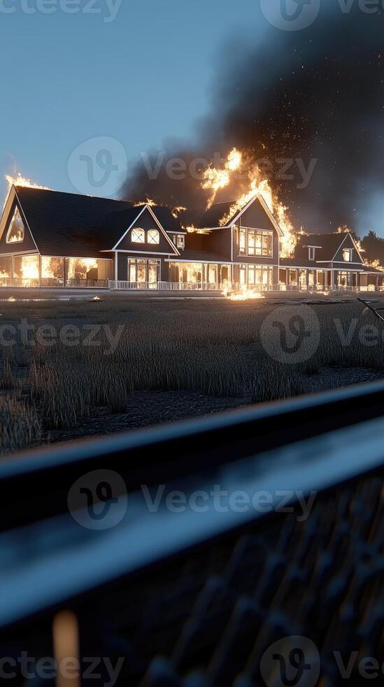 A house on fire in a field photo