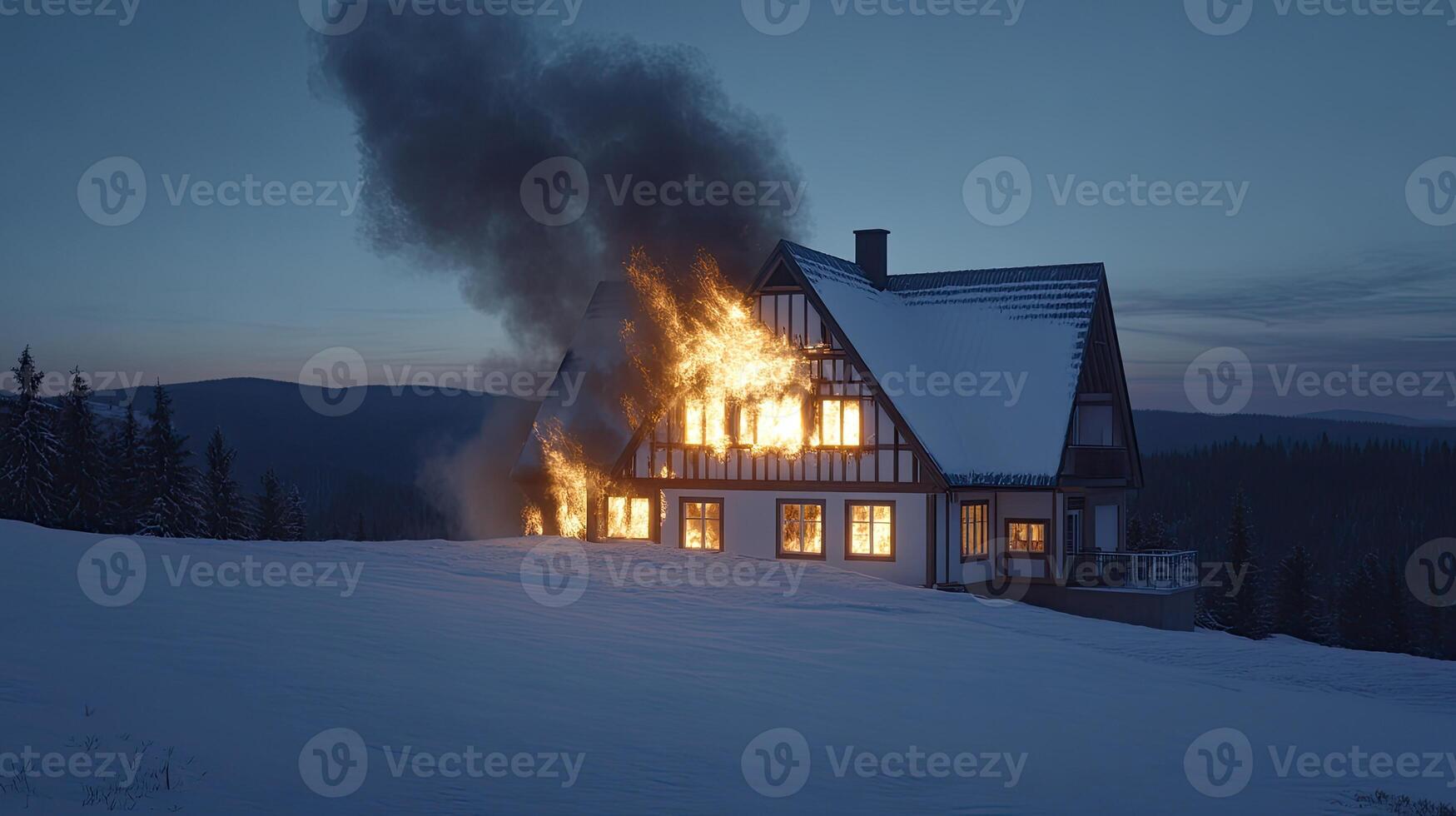 A house is on fire in the snow photo