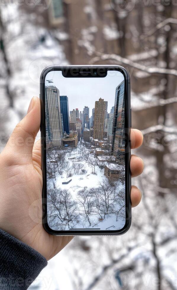 A person holding up an iphone with a cityscape on the screen photo