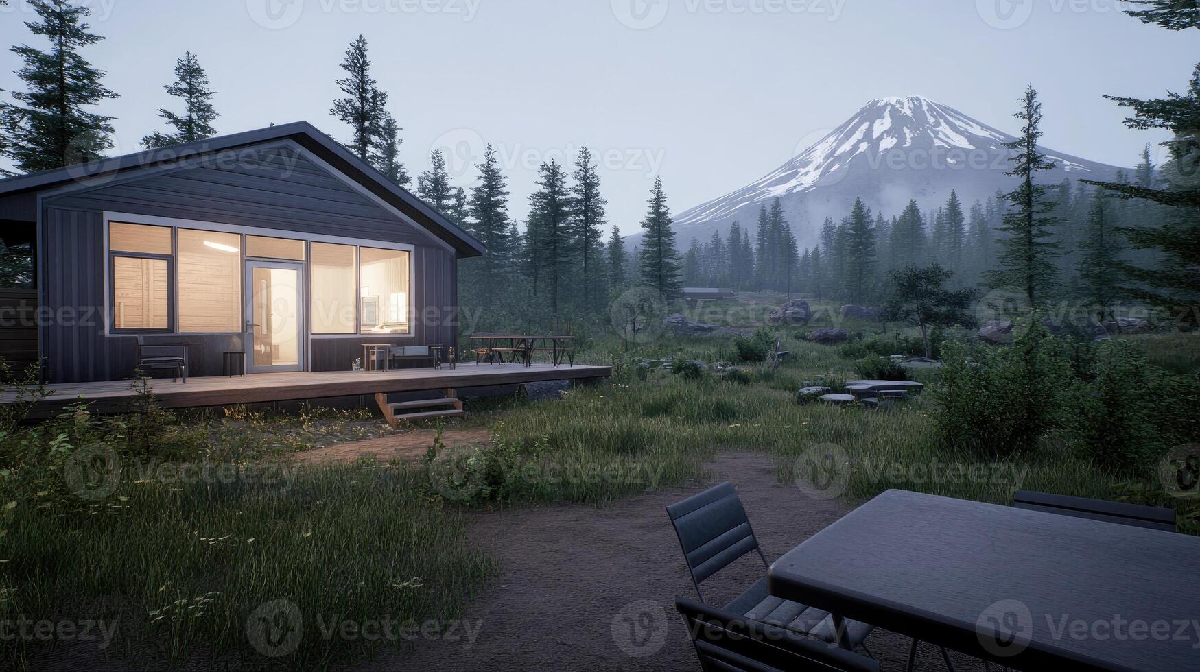 A cabin in the woods with a mountain in the background photo