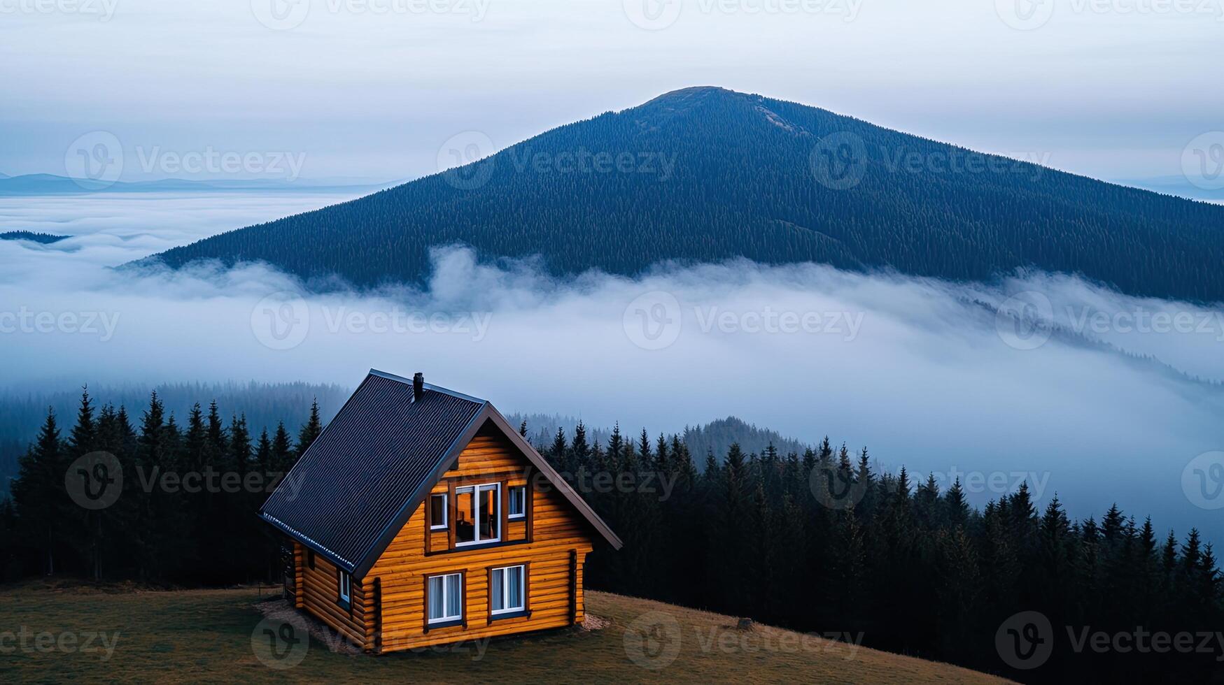 A small cabin in the mountains with fog and mountains photo