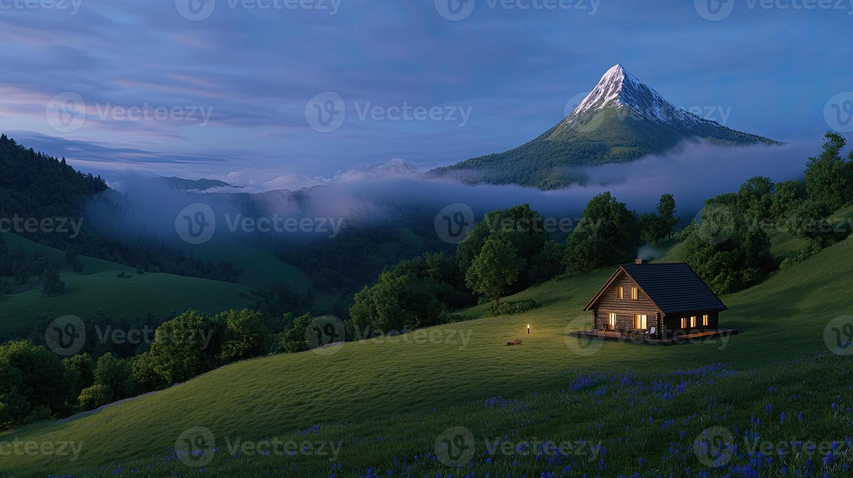 A small cabin sitting on a hillside with a mountain in the background photo