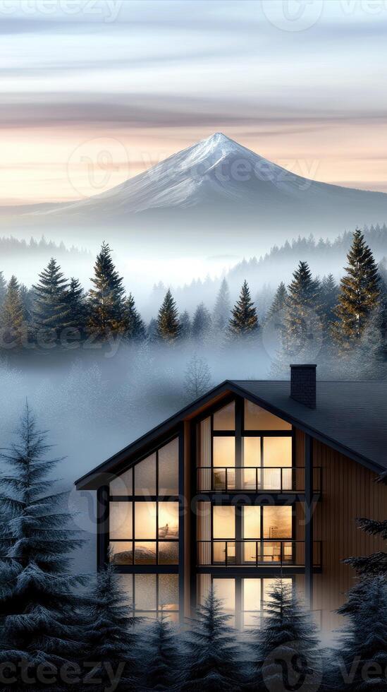A house in the fog with mountains in the background photo