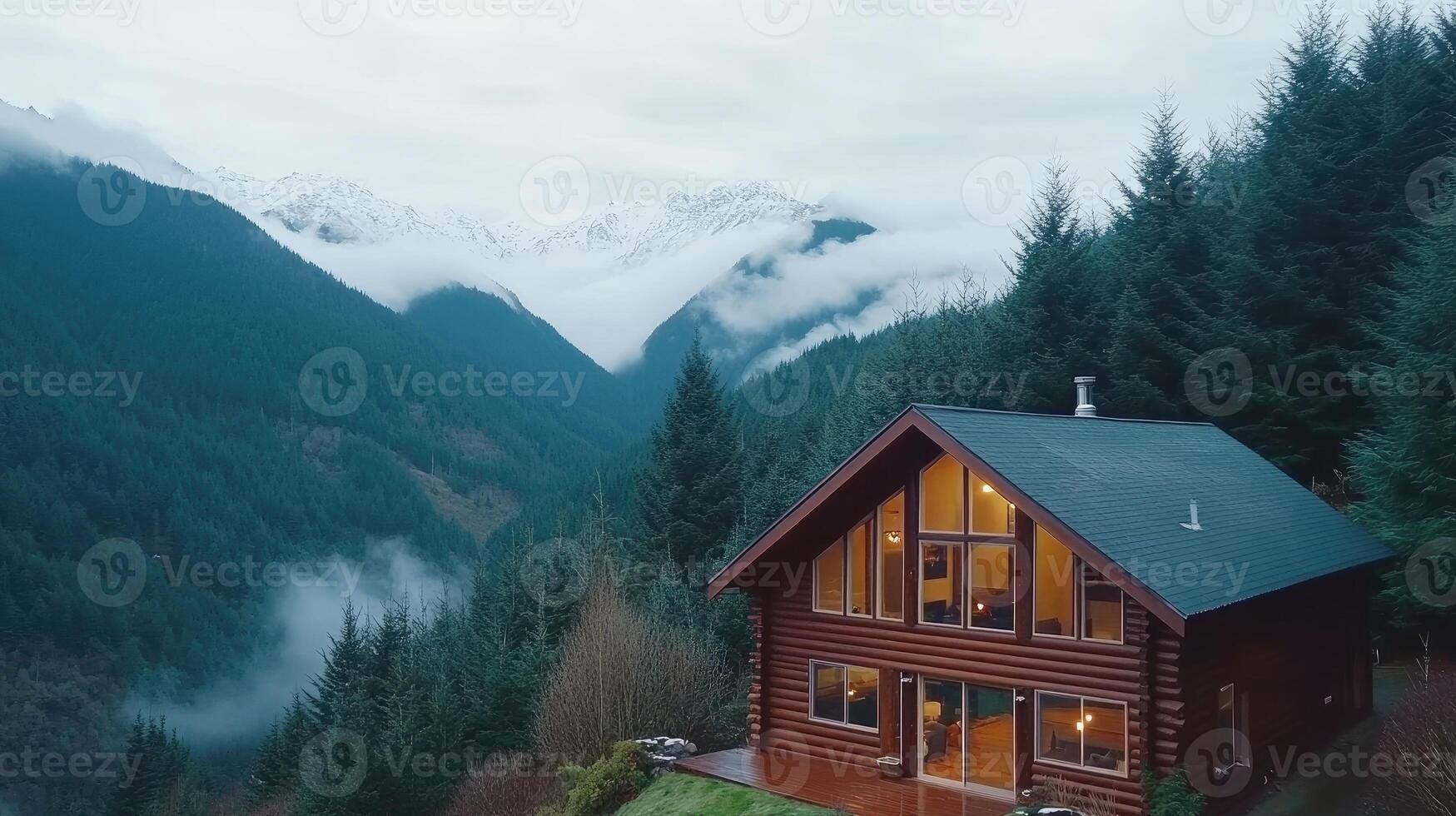 A cabin in the mountains with a view of the forest photo
