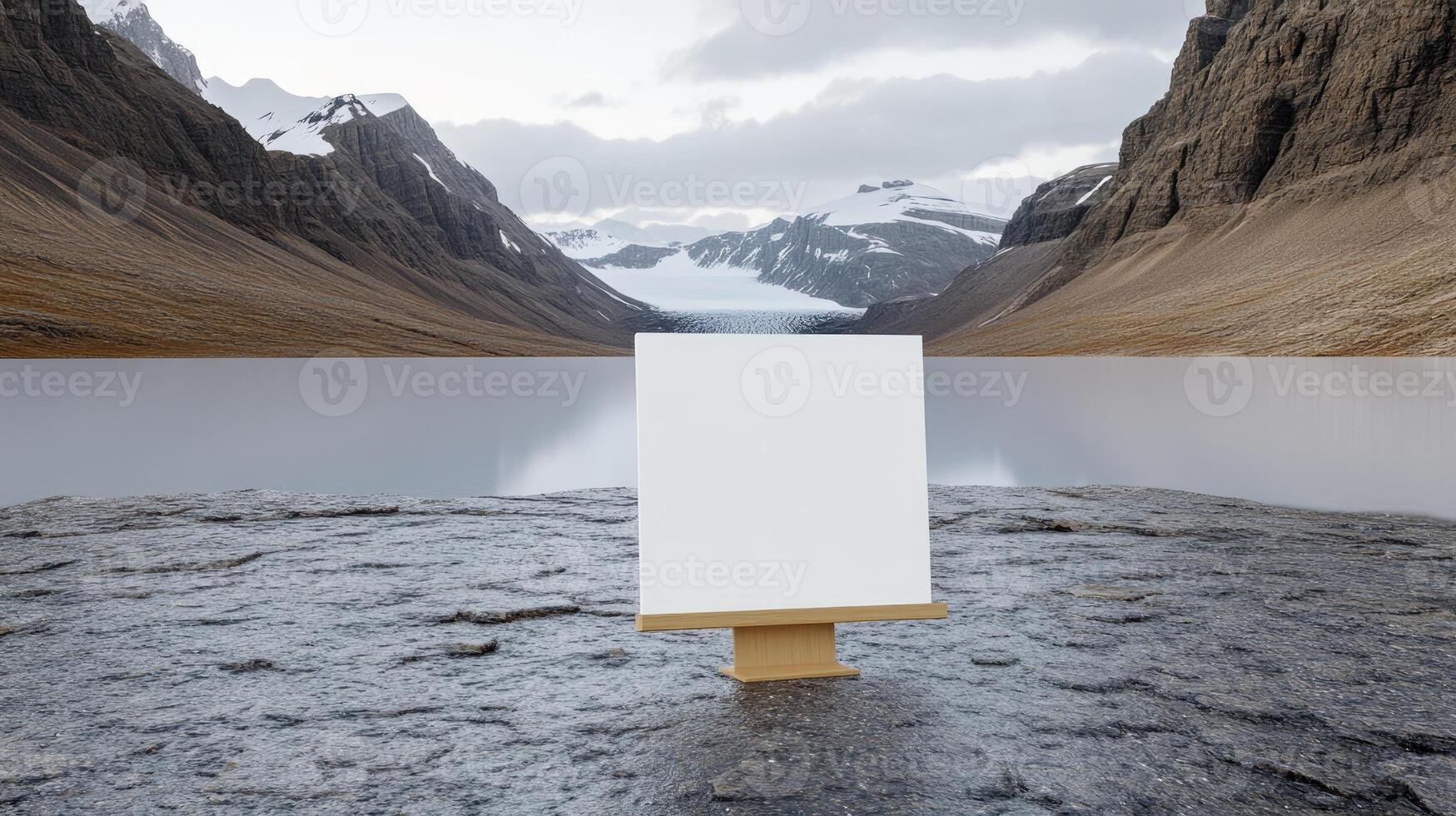 Blank canvas on the rock with mountains in the background photo