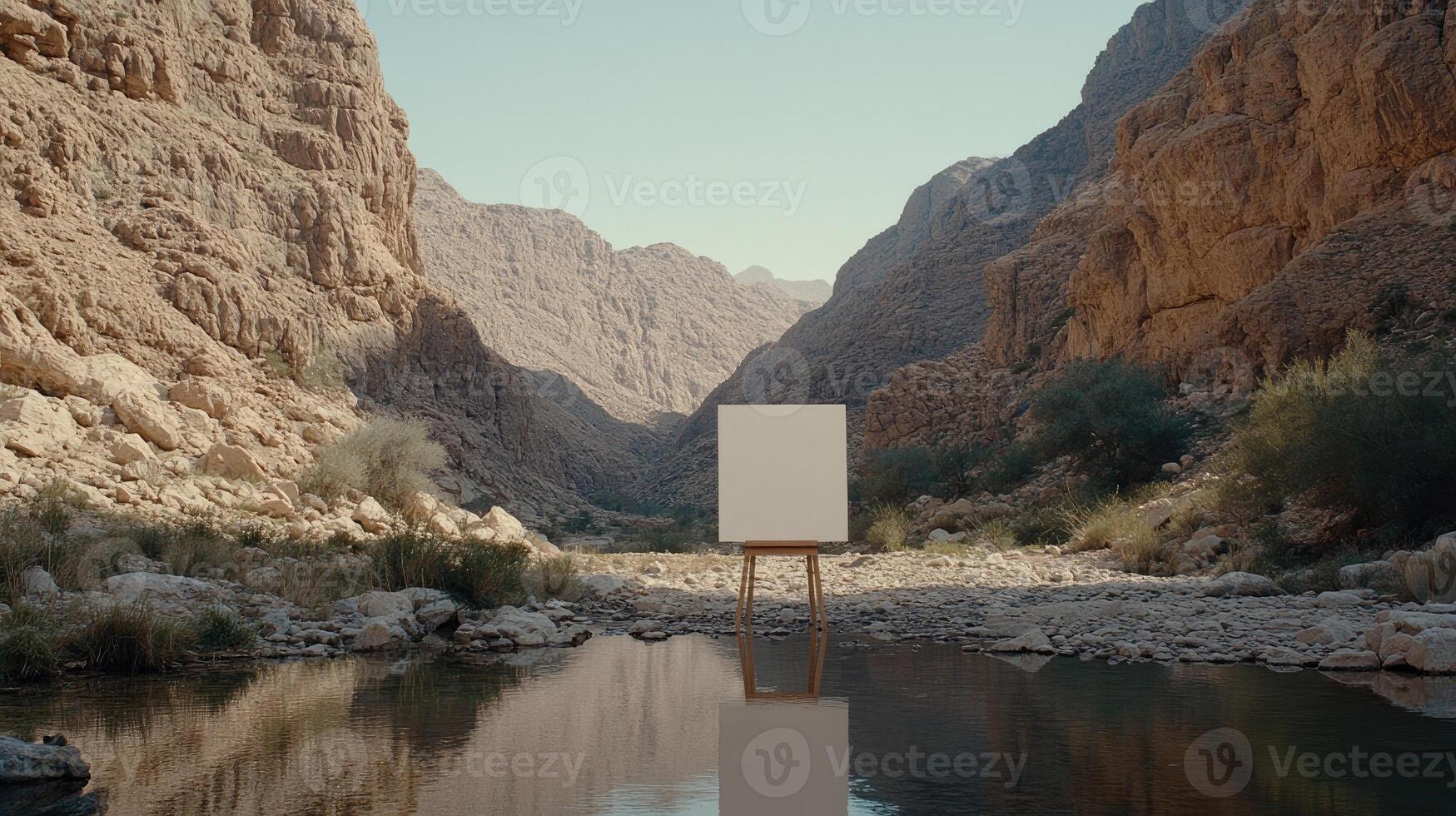 A white square is sitting on a wooden stand in the middle of a river photo