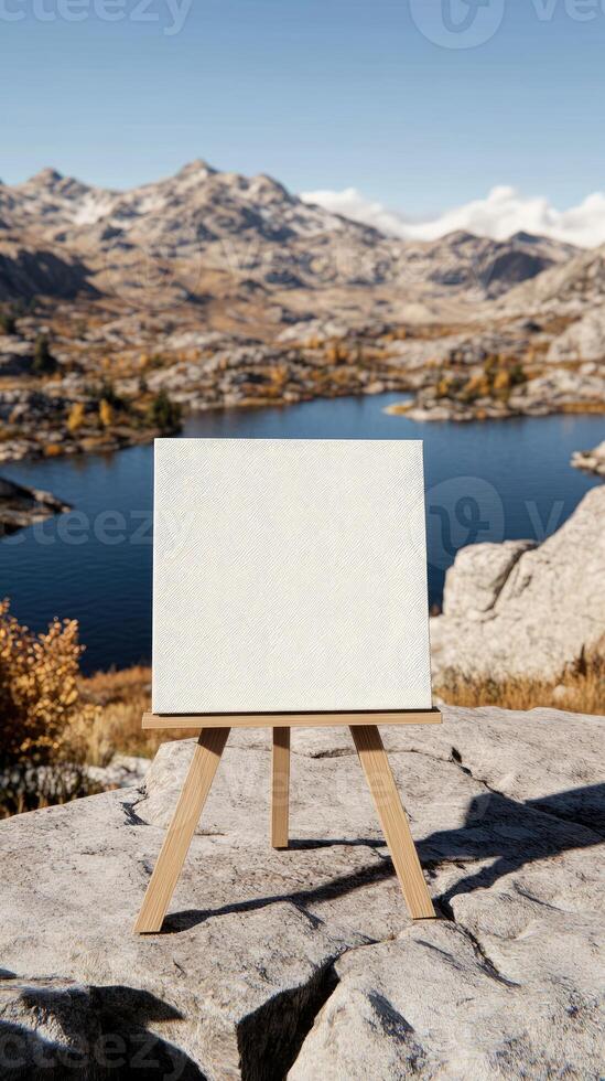 An easel with a blank canvas on top of a mountain photo