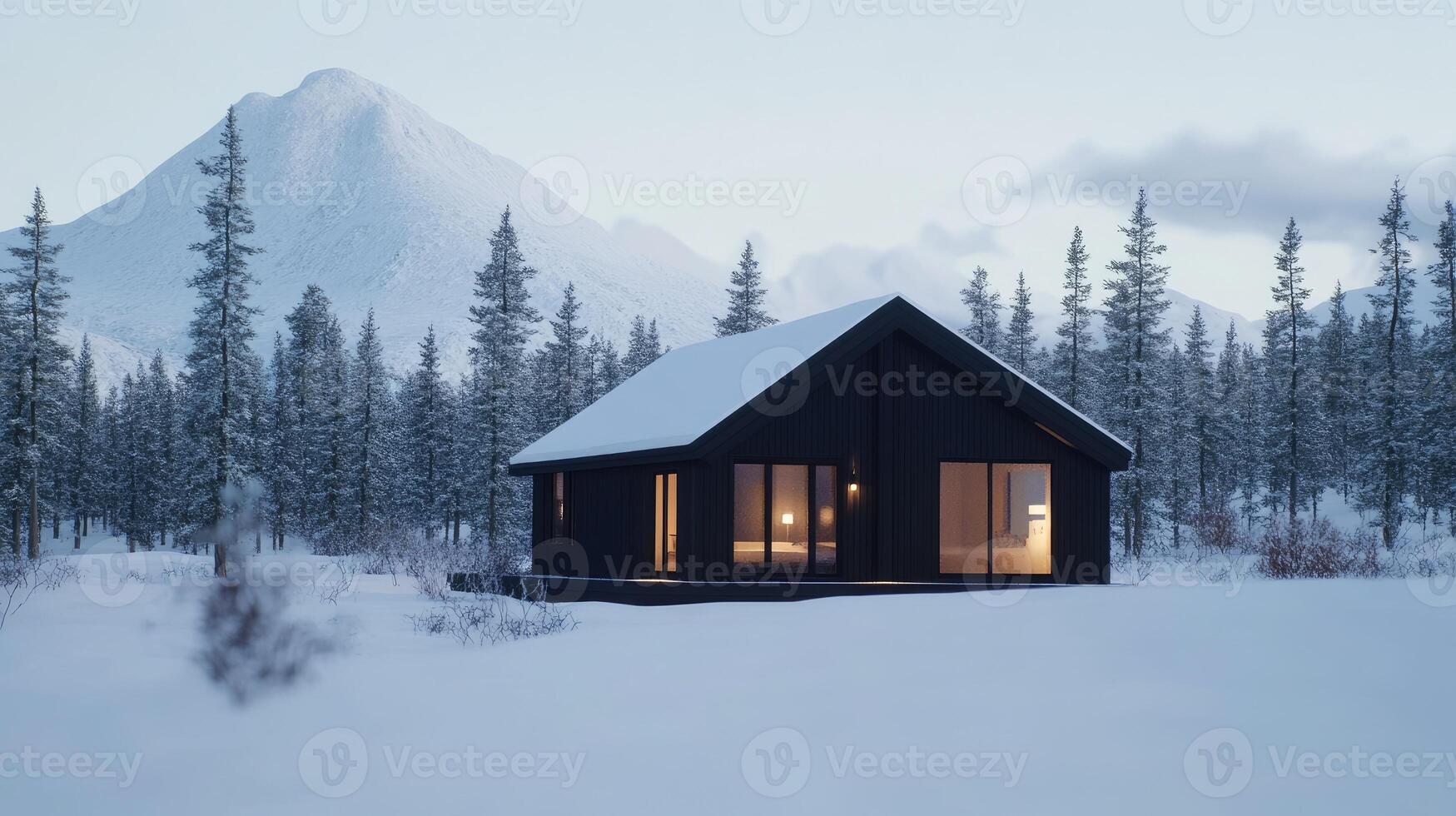 A cabin in the snow with trees and mountains in the background photo