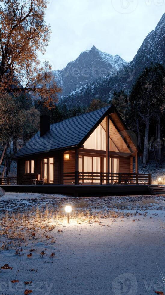 A cabin in the woods at dusk photo
