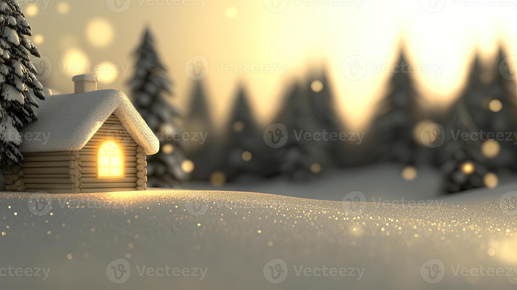 A small wooden house in the snow with trees in the background photo