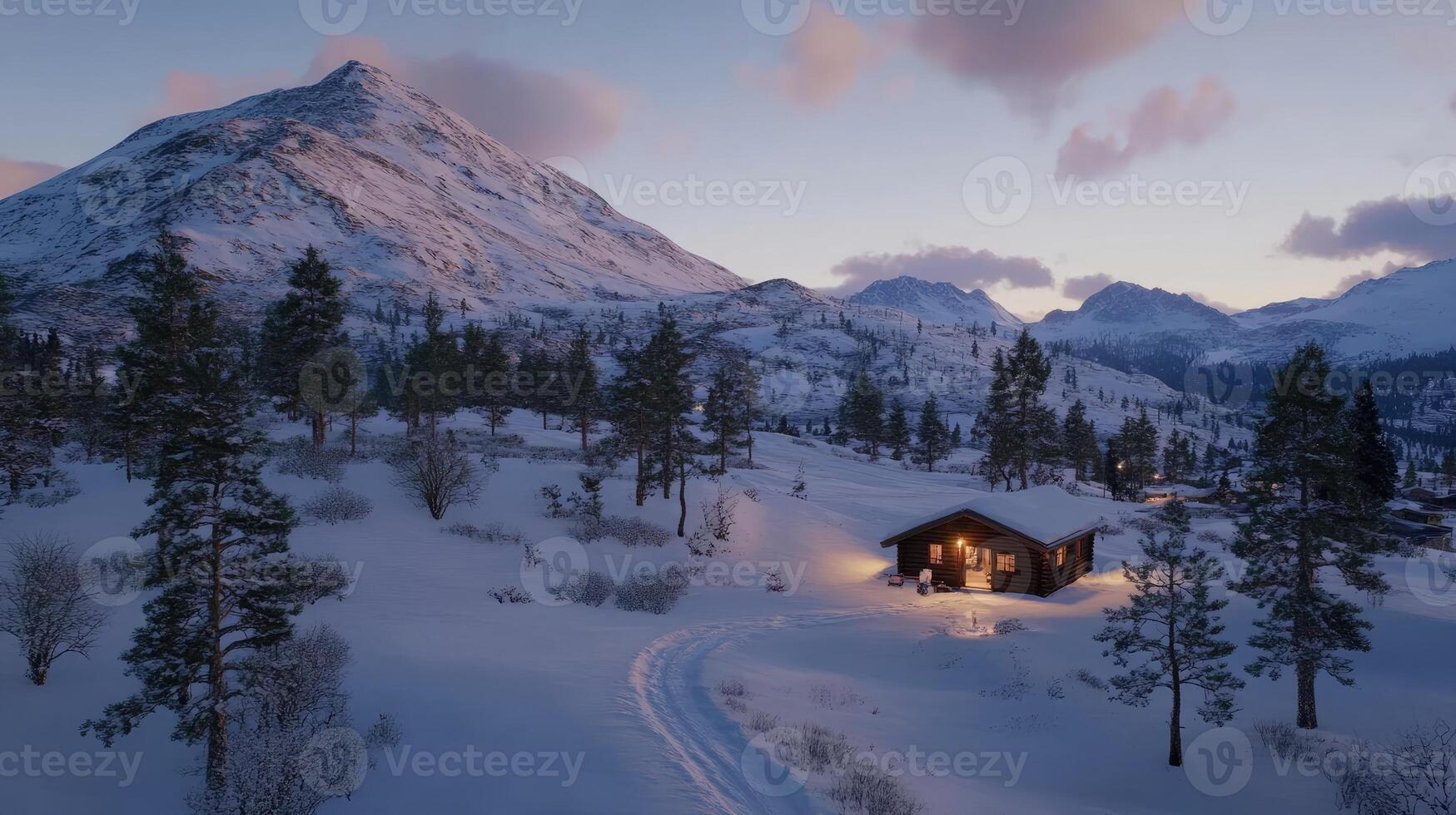 A cabin in the snow with trees and mountains in the background photo