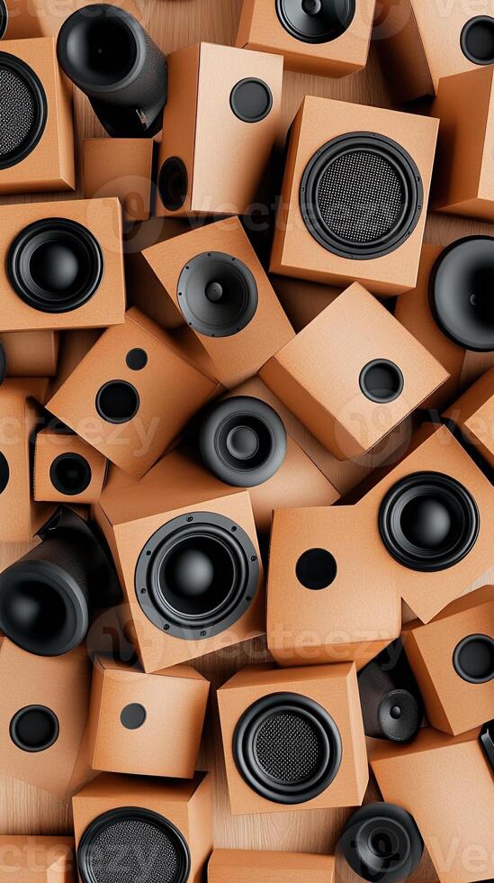 A large group of speakers are arranged in a pile photo