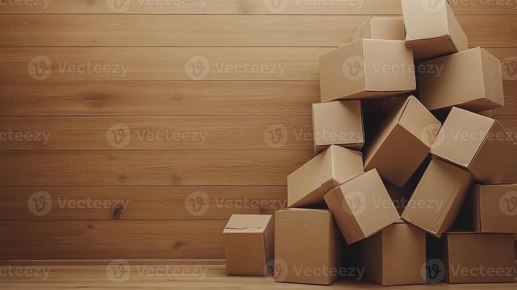 A pile of cardboard boxes in front of a wooden wall photo