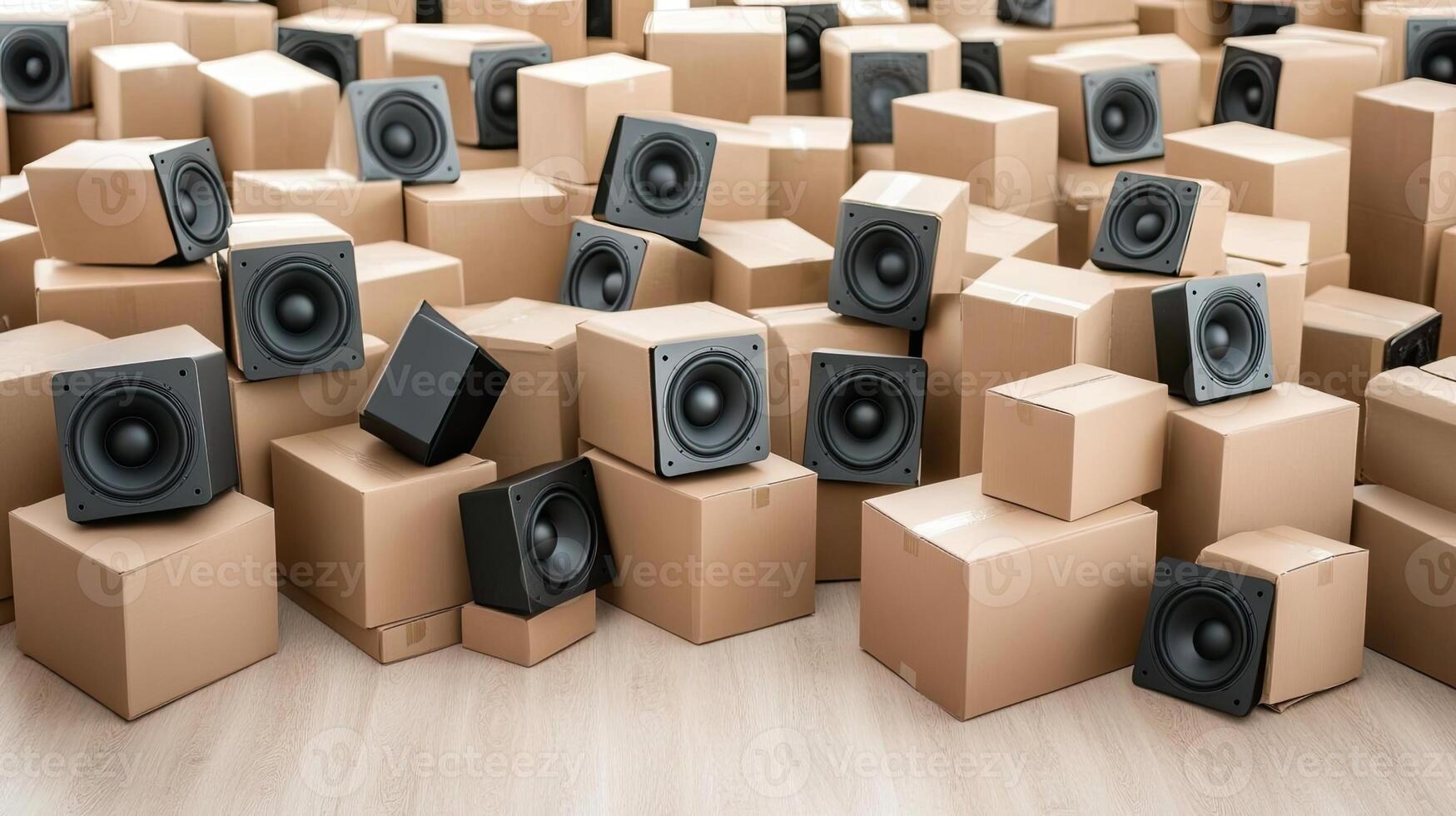 A large group of speakers in boxes on a wooden floor photo