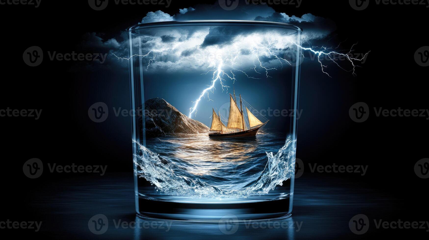 A glass with a ship in it and lightning photo
