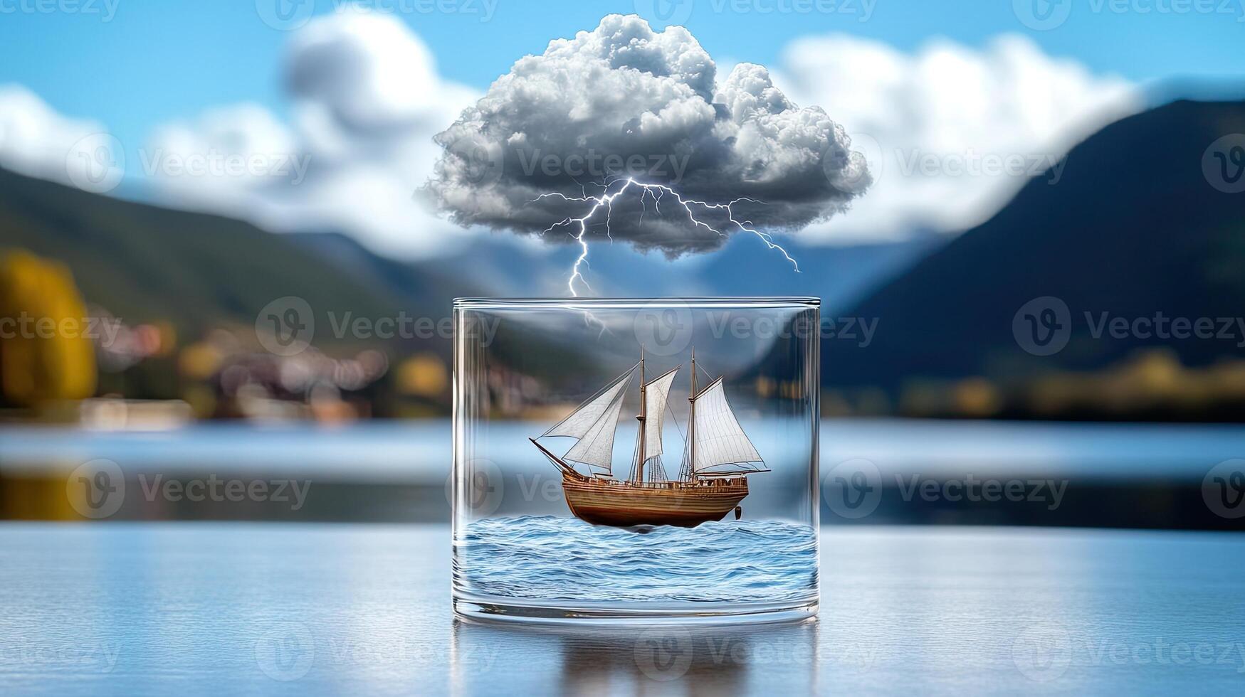 A boat floating in a glass of water with clouds above photo