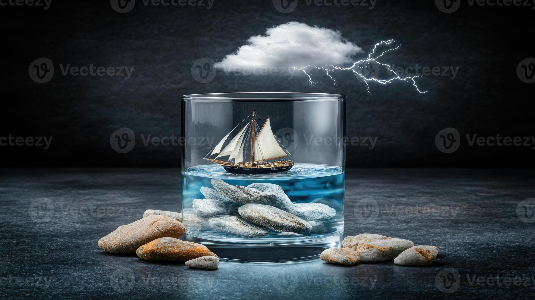 A glass with a boat floating in it and a cloud above it photo