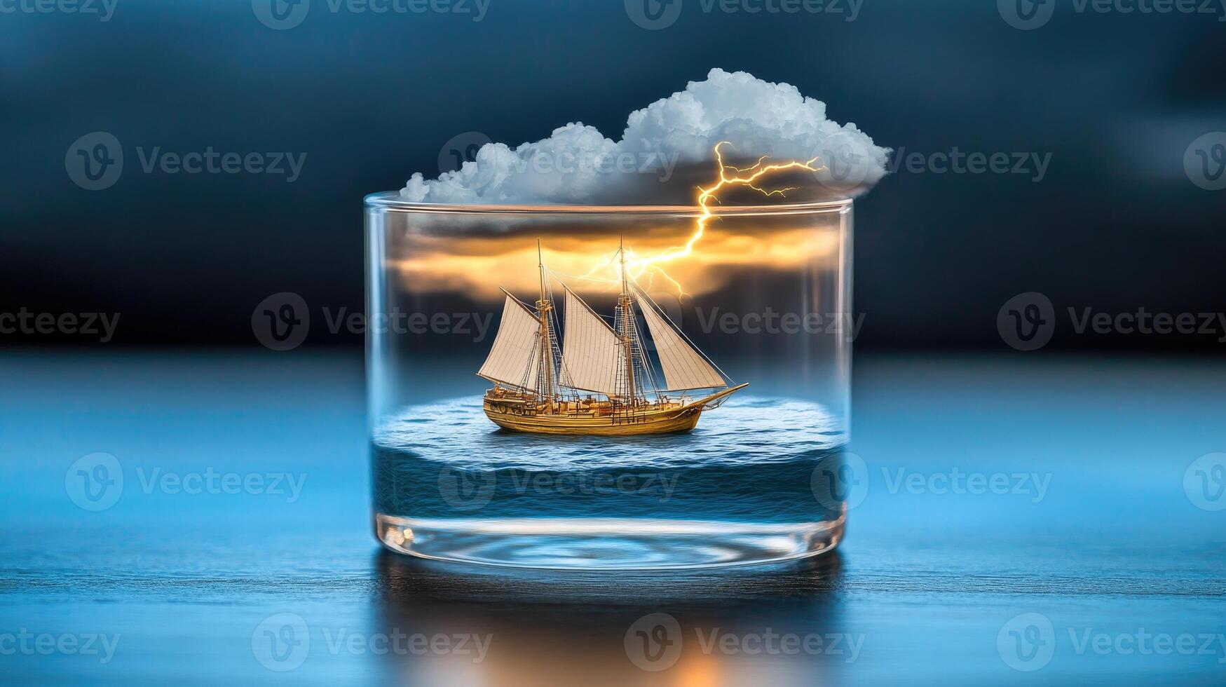 A glass with a ship floating in it and a cloud photo