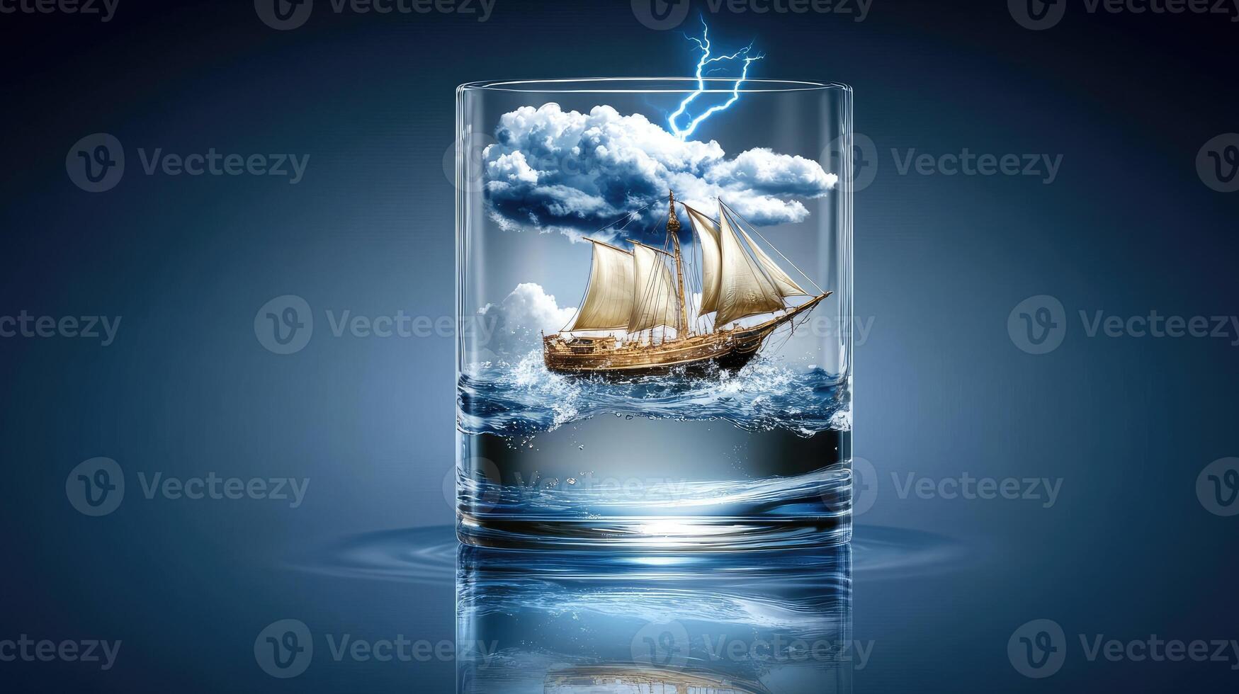A ship floating in a glass of water with clouds photo