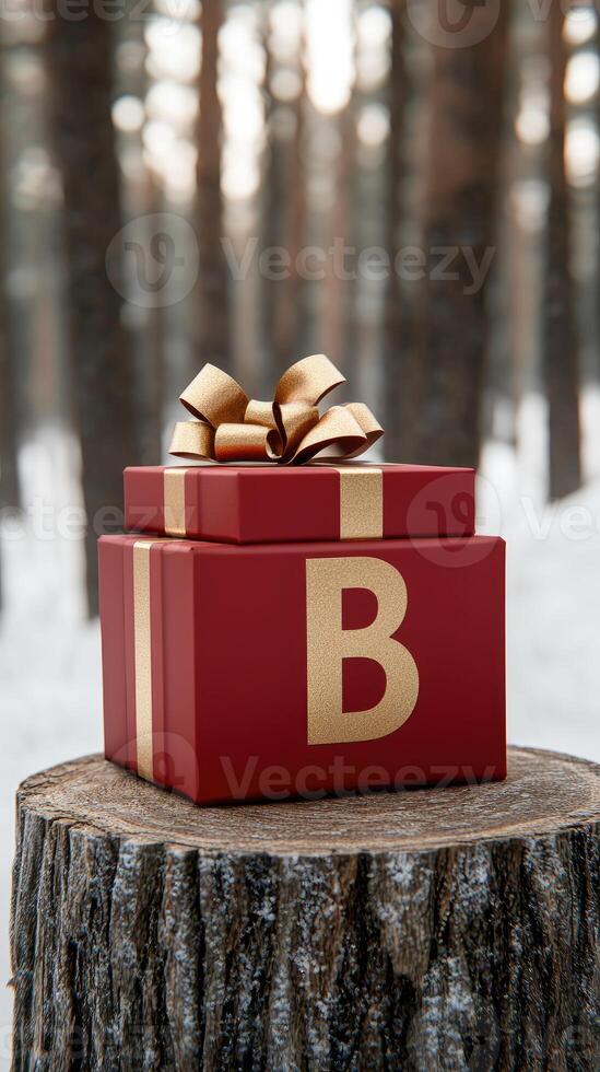 A red gift box with a golden bow sitting on a stump photo