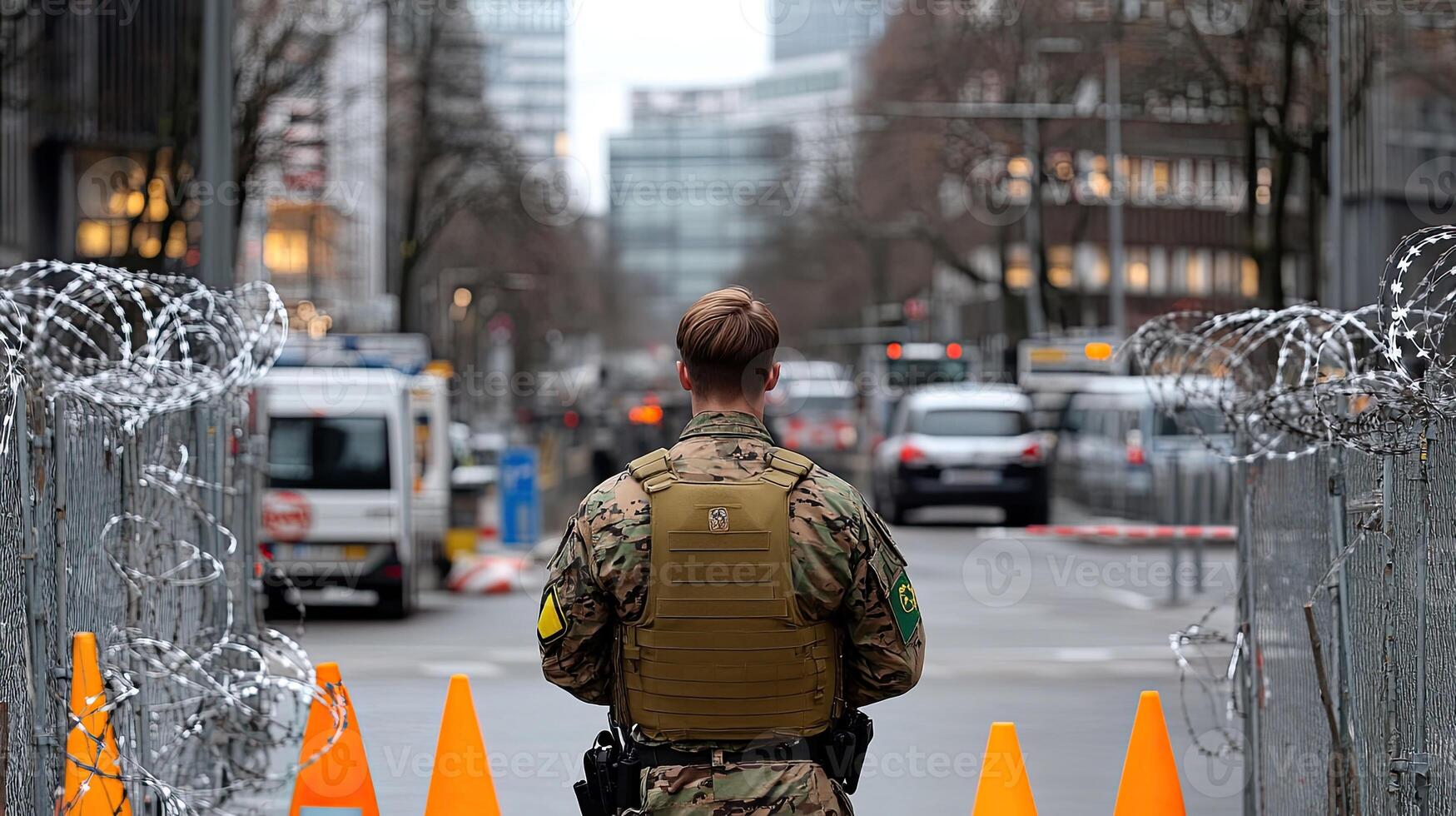 A soldier stands in front of orange cones photo
