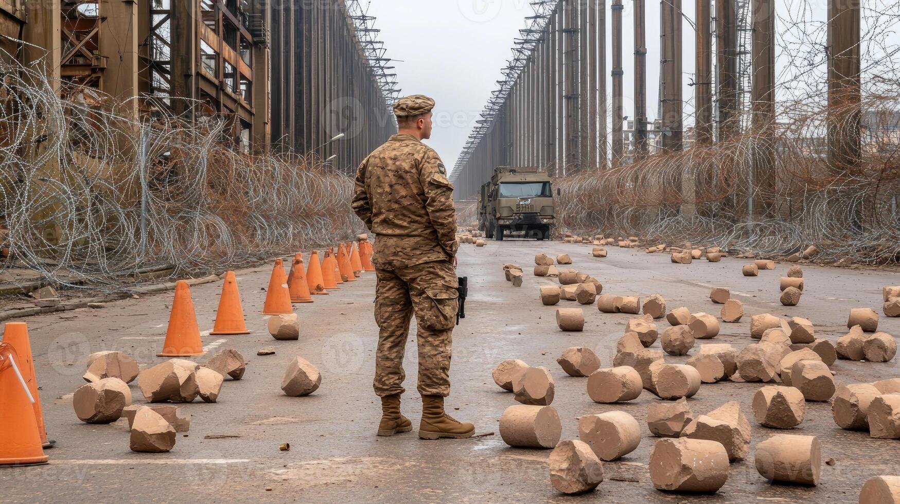 A soldier stands in front of a bridge with many cones photo