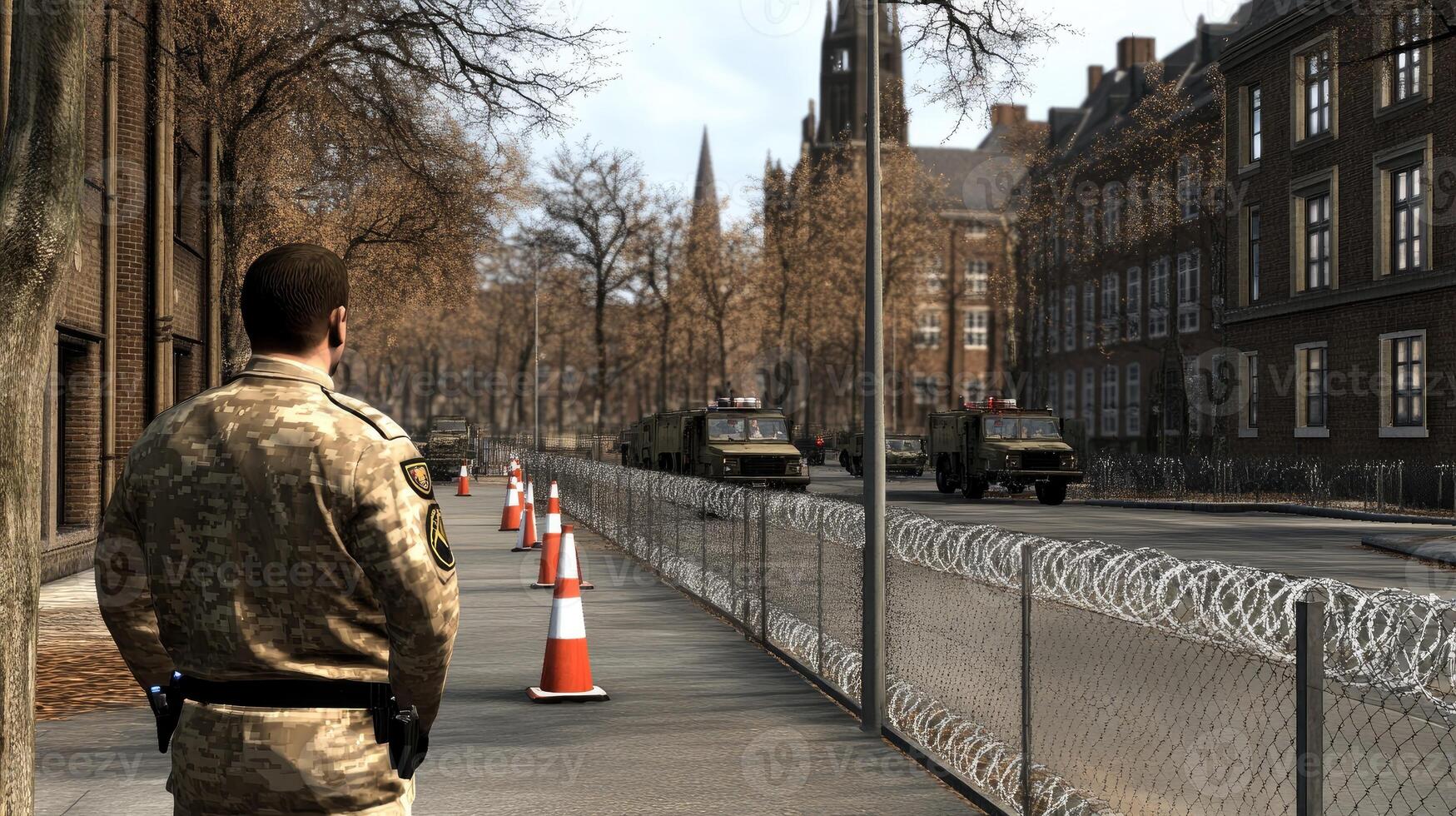 A soldier is standing in front of a fence photo