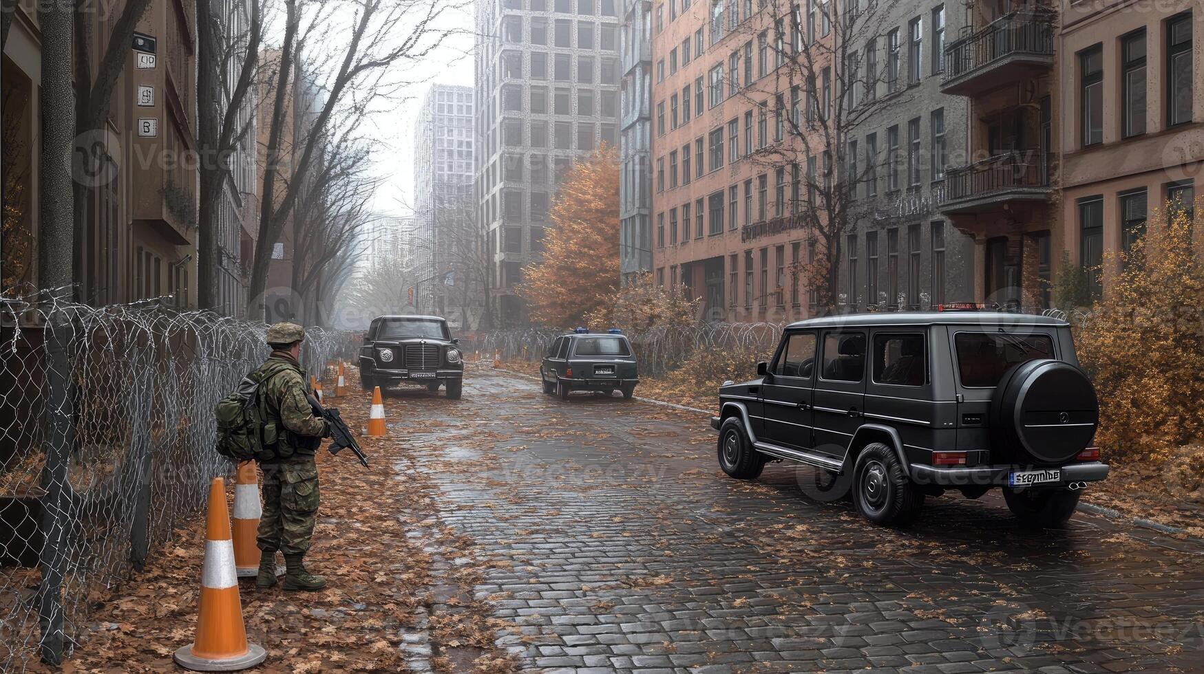A soldier is walking down a street with a car photo