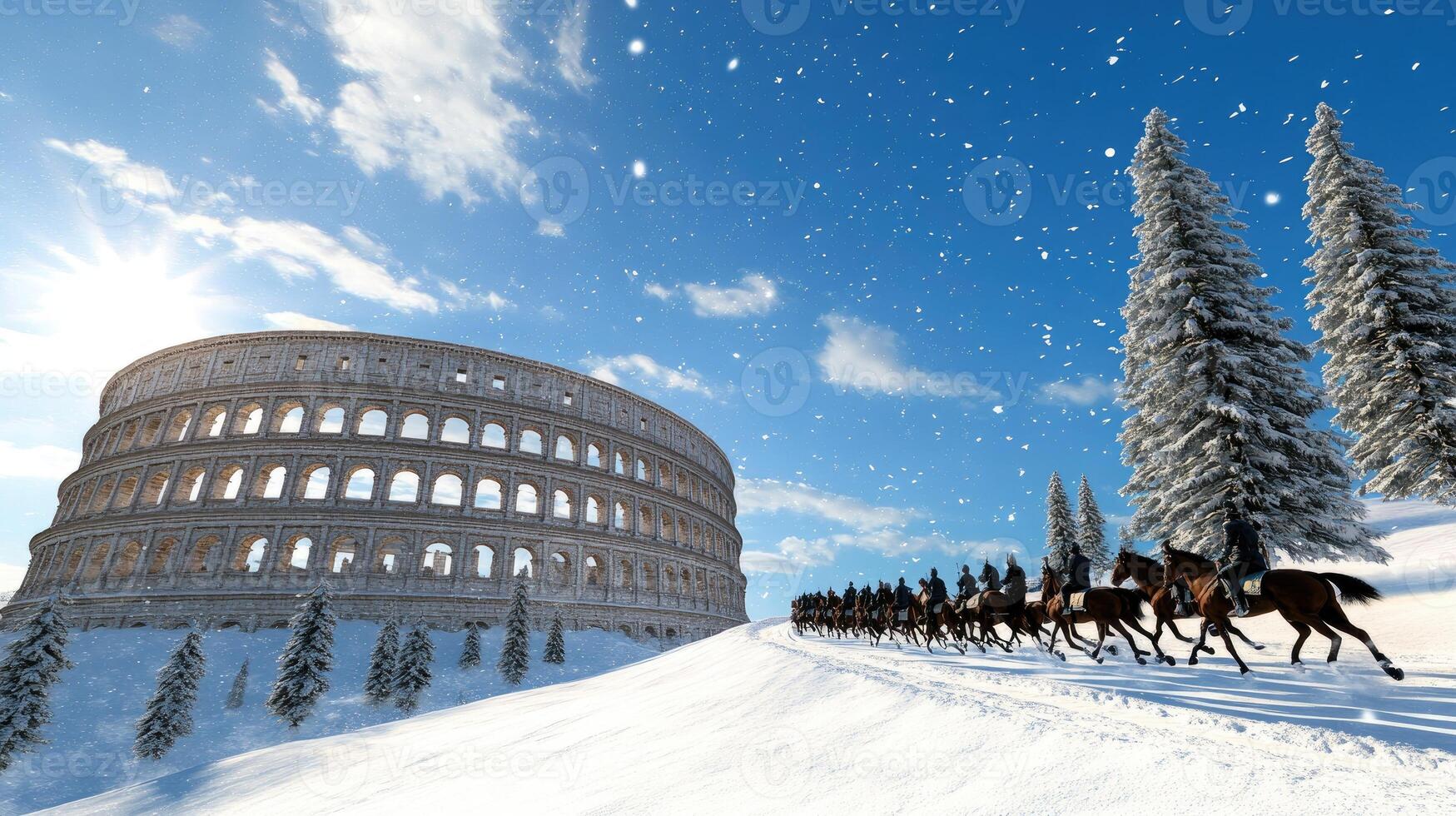 A group of horses are walking in front of a building photo