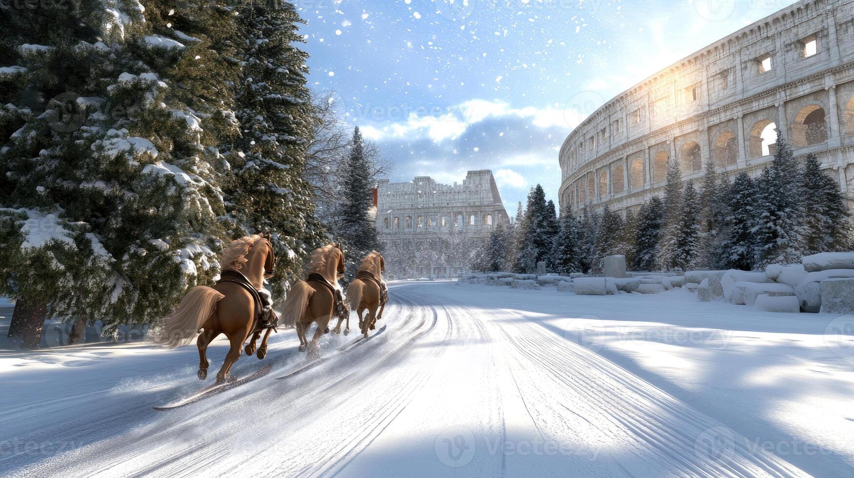 Three horses are riding down a snowy road photo