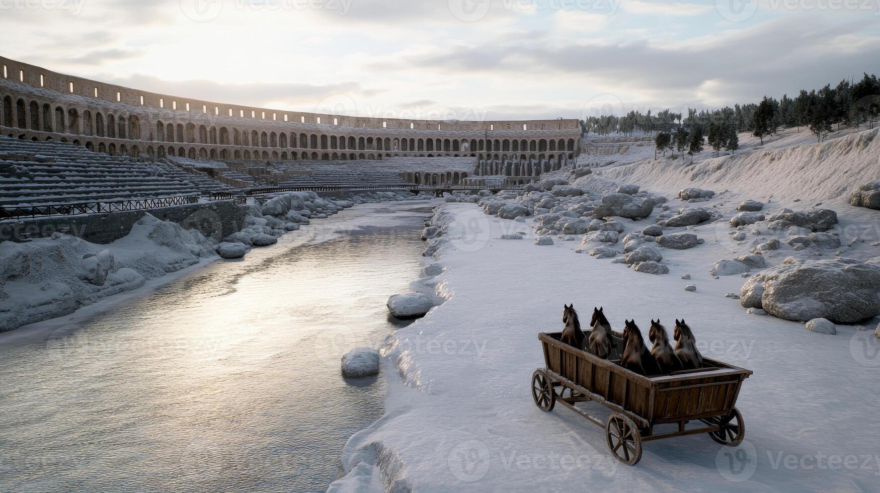 A wagon full of bottles is sitting on the snow photo