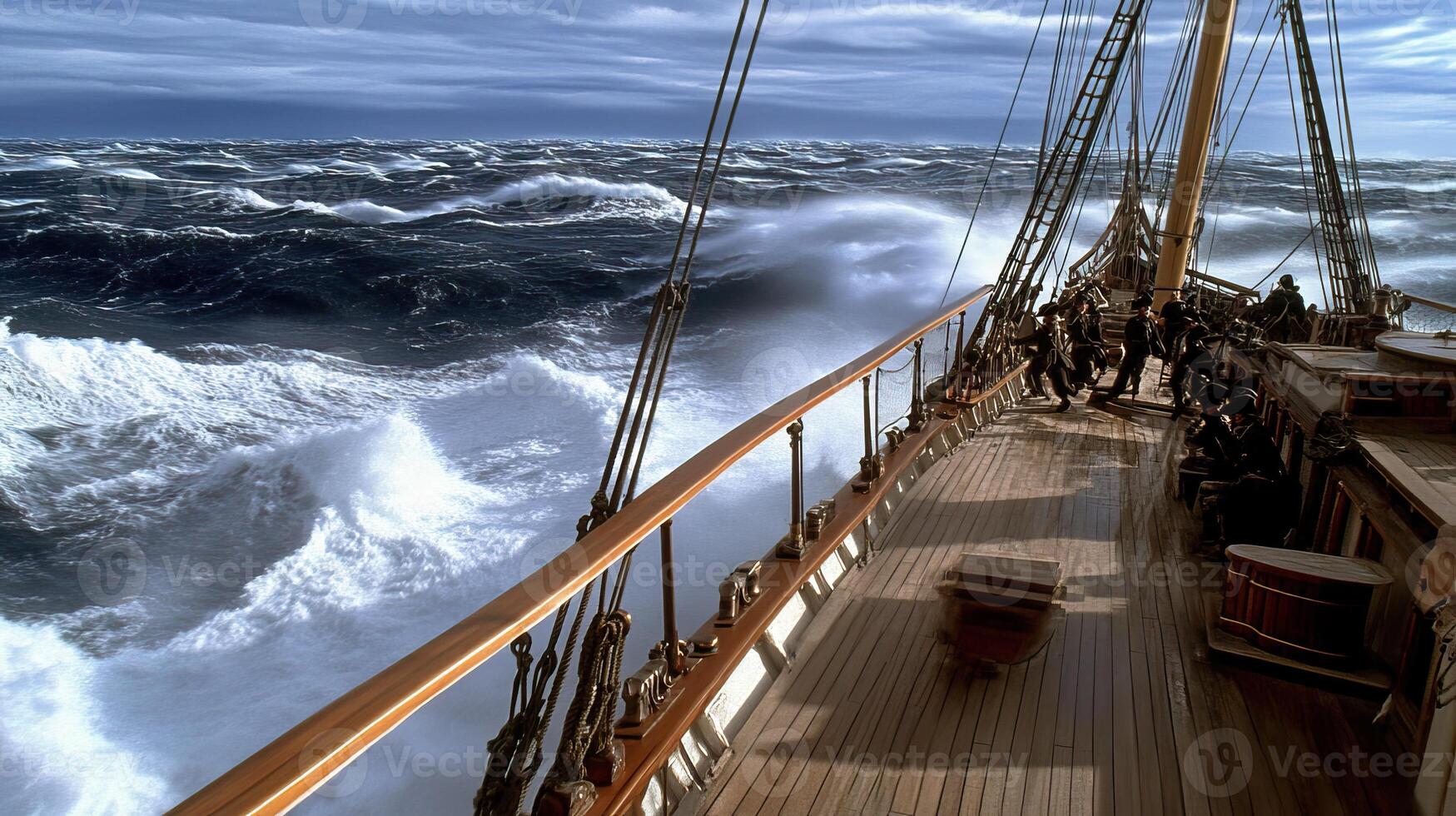 A view of the deck of a sailing ship in rough seas photo