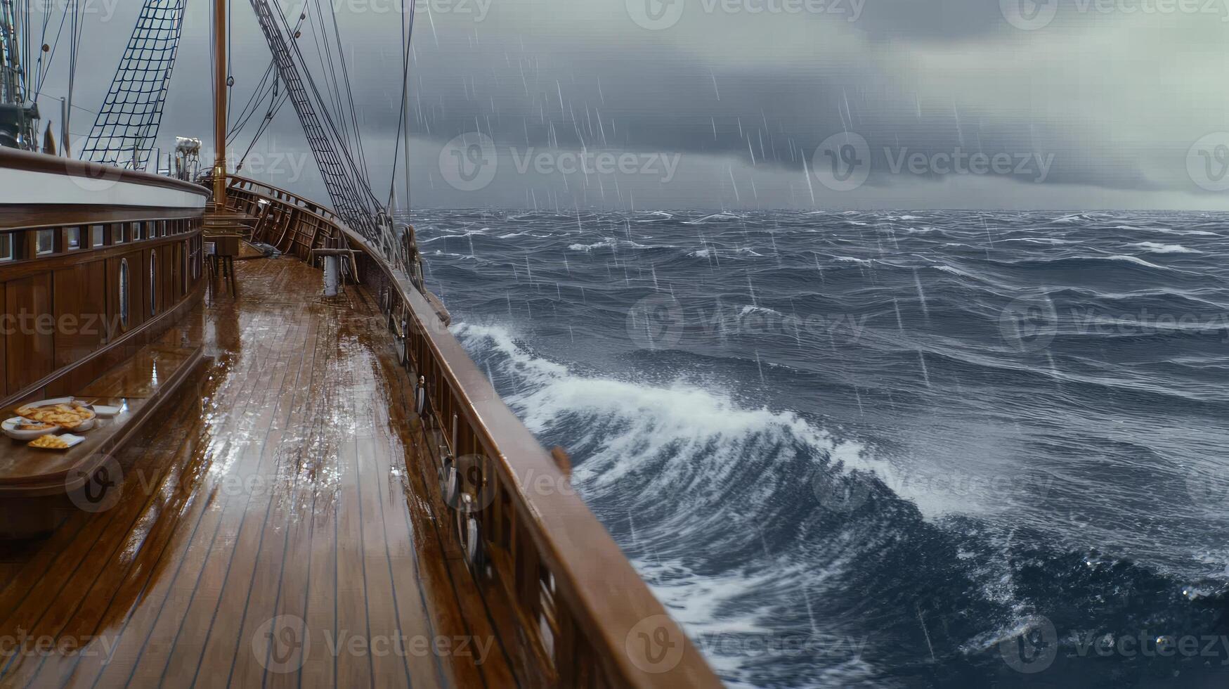 A view of the deck of a sailing ship in the ocean photo