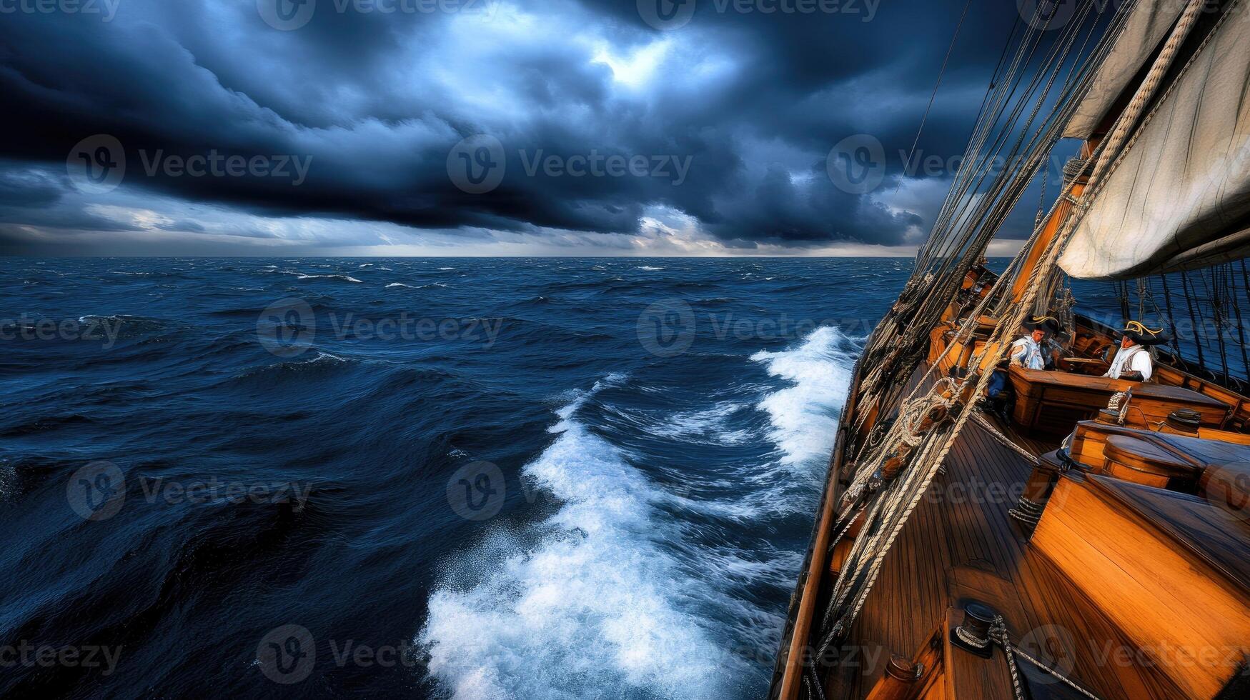 Sailing on stormy sea with dark clouds photo